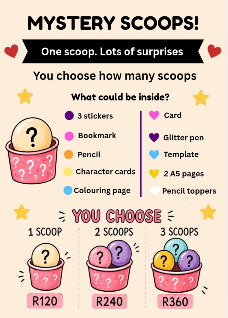 Mystery Scoops: one scoop, lots of surprises. One scoop R120, two R240, three R360.