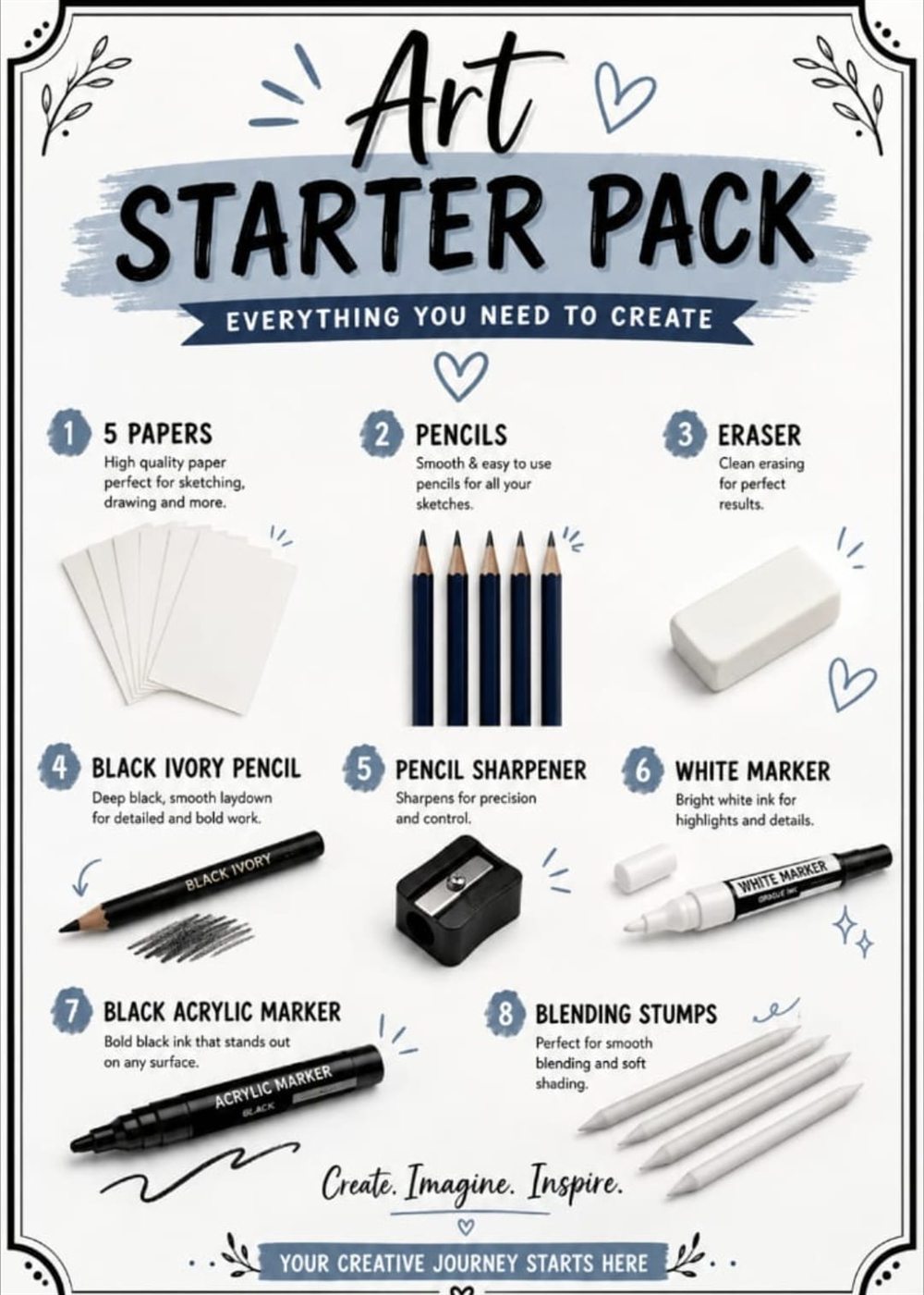 Art Starter Pack: five papers, pencils, eraser, Black Ivory pencil, sharpener, white marker, black acrylic marker and blending stumps.