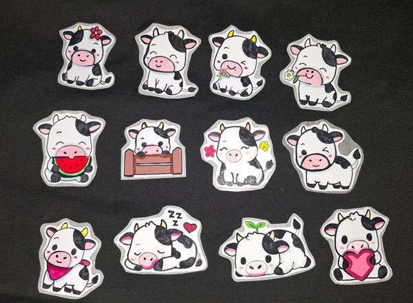 Cow sticker pack laid out